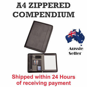 A4 Black Zippered Compendium Leather style with Bonus Metal Pen - Organiser